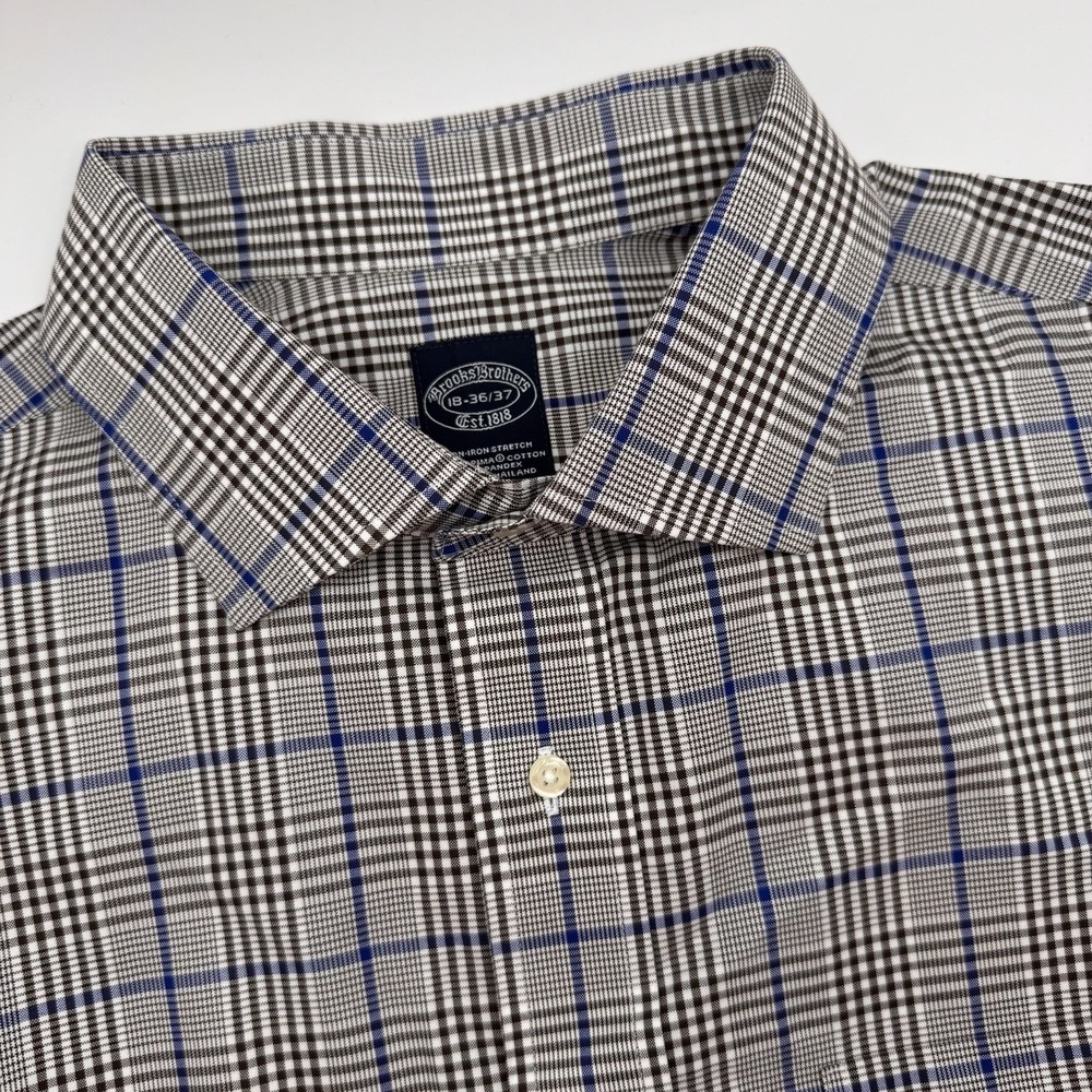 Brooks‎ Brothers Mens 18 36/37 Blue Plaid Button Up L/S Non-Iron Stretch Supima